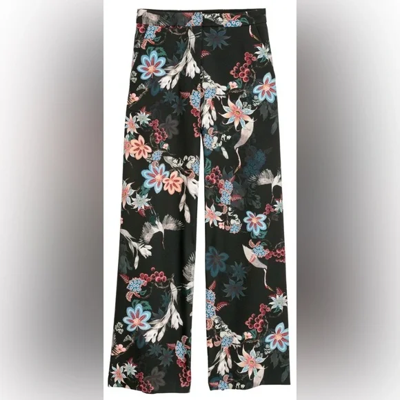 H&M Crane Print Satin Wide Leg Trousers High Waist Floral Size 6 - Picture 2 of 12
